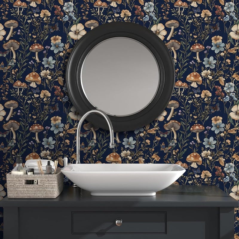Froluya Mushroom Wallpaper Peel and Stick Dark Blue Floral Contact Paper 16.9" x 196.8 Navy Peel and Stick Wallpaper for Bathroom Vintage Boho Self Adhesive Removable Wall Paper for Kitchen Cabinets - Image 2